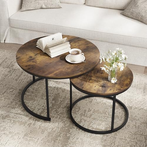 Smuxee Rustic Nesting Coffee Table Set of 2, 27.6" Round Coffee Table Wooden Marble Pattern with Adjustable Non-Slip Feet, Industrial End Table for Living Room Bedroom Balcony - color: Rustic Brown, size: 27.6"W