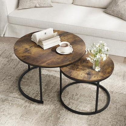 Smuxee Rustic Nesting Coffee Table Set of 2, 27.6" Round Coffee Table Wooden Marble Pattern with Adjustable Non-Slip Feet, Industrial End Table for Living Room Bedroom Balcony - color: Rustic Brown, size: 27.6"W