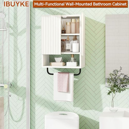 IBUYKE Bathroom Wall Cabinet Over Toilet Cabinet for Bathroom UWBS003W | with Doors and Adjustable Shelf, Towel Bar, Wall Mounted, for Laundry Room & Living Room Kitchen, White,Modern - color: White