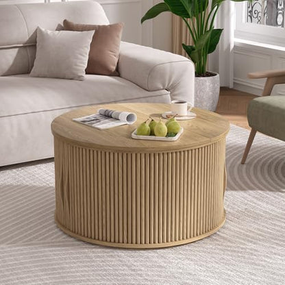 SULIVES Round Coffee Table with Lifting Top, Multifunctional Lift Top Drum Coffee Table with Sliding Door, Small Fluted Center Table for Living Room, Oak - color: Oak_round-lift-top