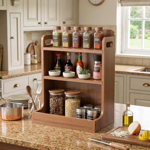 Solid Wood 3-Tier Spice Rack Countertop Organizer Kitchen Storage Shelf | Sturdy wood desktop shelf for spices, coffee bars & bathroom vanities. Features portable handles & full back stability.