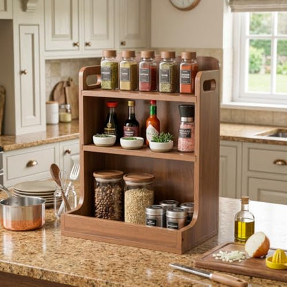 Solid Wood 3-Tier Spice Rack Countertop Organizer Kitchen Storage Shelf | Sturdy wood desktop shelf for spices, coffee bars & bathroom vanities. Features portable handles & full back stability.