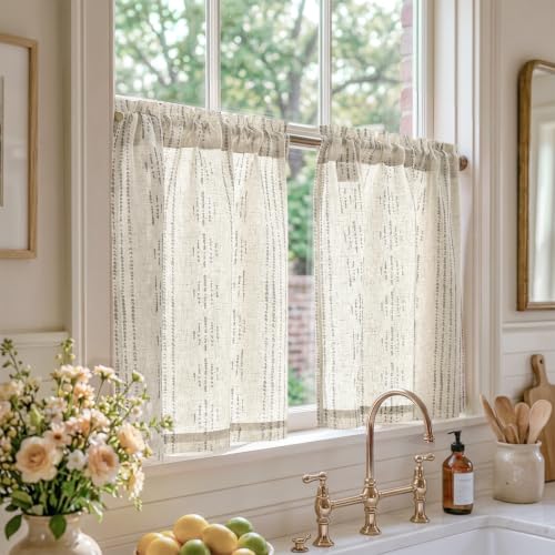 jinchan Boho Kitchen Curtains Linen Tier Curtains 24 Inches Bohemian Cafe Small Drapes Gray Striped Mudcloth Farmhouse for Bathroom RV Camper Light Filtering Rod Pocket 2 Panels Grey on Beige | 24 Inch 2 Panels Grey on Beige, Mudcloth Inspired Design, Lig