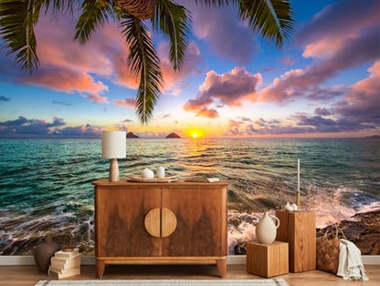 Palm Tree Beach Seascape Wall Mural Wallpaper | 151"x96", for Bedroom Living Room Bathroom, Textured Fabric, Not Peel and Stick - color: Mural 16, size: 151" x 96"