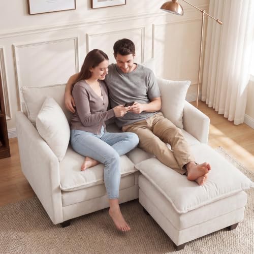 50'' L-Shape Loveseat Sofa with 22" Ottoman, 2 Seat Modern Cloud Couch with 2 Washable Pillows for Small Space Apartment Office Living Room Bedroom, Beige - color: Beige, size: 50"L