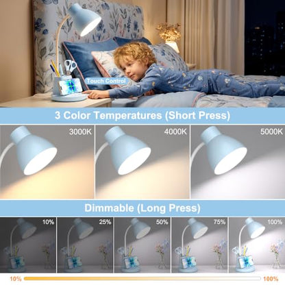 10W Wireless Charging LED Desk Lamp with Pen Holder, CRI 95, Blue | 800LM, 3 Modes, 360°Flexible Arm, Touch, Brightness, Table Lamp for Home Office, Dorm, Bedside, Study, Reading, with Adapter - color: Blue