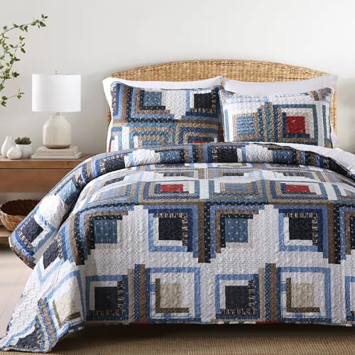 HIARUO Quilt Set Queen Size, 3 Pieces Bedspread Coverlet Plaid Patchwork Quilt Farmhouse Queen Size Comforter Set Lightweight Bedding with 2 Pillow Covers Shams for All Season Red Blue - color: Red & Blue, size: Queen (90"x90")