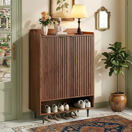 Shoe Cabinet with 2 Doors for Entryway, 21 Pairs Wooden Shoe Storage Cabinet with Adjustable Shelves, Farmhouse Hidden Shoe Organizer for Hallway & Mudroom, Slim Freestanding Shoe Cabinet, Walnut - color: Walnut
