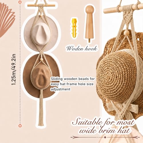 Macrame Hat Hangers Racks Boho Cowboy Hats Holders Western Display Organizer Storage decor Back of Door for Wall(Beige,Two Hats Style) - color: Beige, style: Two Hats Style