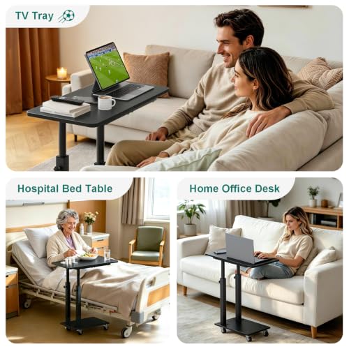 AOODA 22''W TV Tray Table with Wheels Adjustable Height, C Shaped End Tables Living Room, Rolling Couch Side Table with Storage for Sofa, Bed, Recliner (Pure Black) - color: Pure Black