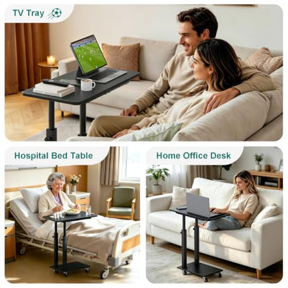 AOODA 22''W TV Tray Table with Wheels Adjustable Height, C Shaped End Tables Living Room, Rolling Couch Side Table with Storage for Sofa, Bed, Recliner (Pure Black) - color: Pure Black