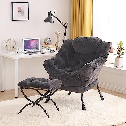 Lazy Chair with Ottoman, Comfy Reading Accent Chair, Plush Navy - color: Plush-navy