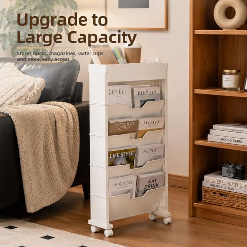 5-Tier Rolling Bookshelf, Rolling Book carts with wheels,Book Storage Rack | Utility Carts, Movable File Folder Organizer Cart for Home,Study,Office,Living Room,Classroom