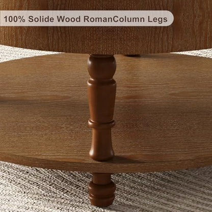TIANG Tool-Free Flip Top Solid Wood Round Coffee Table with Hidden Storage | 31.5" Modern Center Table for Living Room, Adjustable Silent Footpads,Sturdy Holds up to 100 lbs,Classic 2-Tier Design - color: Antique Brown