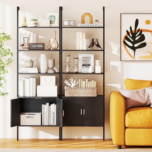 Giantex 72.5" Ladder Bookshelf with Cabinet, 5-Tier Tall Wall-Mounted Shelf w/Storage, Modern Style Kitchen Open Shelving Organizer, Heavy-Duty Metal Frame Display Rack for Living Room,Black - color: Black