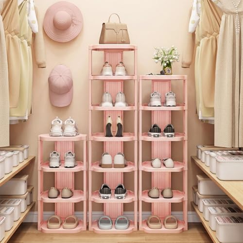 Kitstorack 8-Tier Vertical Plastic Shoe Rack, Freestanding Stackable Shoe Storage Organizer Cubes Shoe Shelf Tower or Small Closets and Tight Spaces, Pink - color: Pink, size: 8 Tiers