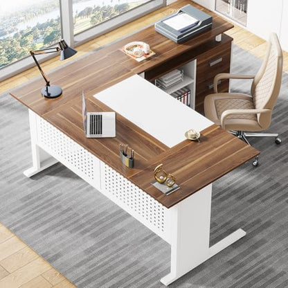 Tribesigns 63 Inch Executive Desk with File Cabinet, L Shaped Office Desk with Drawers and Storage Shelves, Business Furniture Set Workstation for Home Office, White and Walnut - color: White and Brown