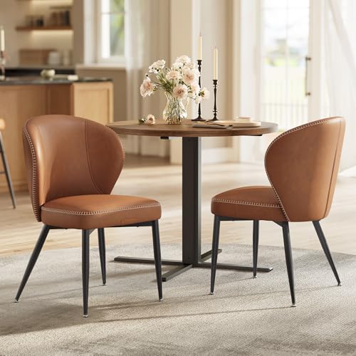 VASAGLE EKHO Collection - Dining Chairs Set of 2, Upholstered Kitchen Chairs, Comfortable Seat, Synthetic Leather with Stitching, Mid-Century Modern, Easy Assembly, Living Room Lounge, Caramel Brown - color: Caramel Brown, size: Set of 2, style: Without S