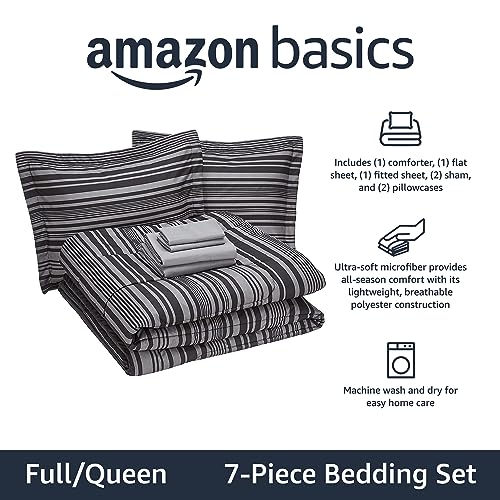 Amazon Basics Full/Queen Comforter Set with Sheets, 7-Piece Gray Calvin Stripe Bedding, Lightweight Microfiber Bed-in-a-Bag, Striped - color: Gray Calvin Stripe, size: Full/Queen, style: 1-Pack