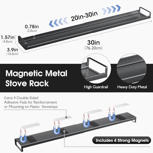 Bumusty 30" Adjustable Magnetic Stove Top Shelf, Matte Black | Expandable Spice Rack with Strong Magnetic Hold for Seasoning Storage and Kitchen Counter Organization - size: Magnetic