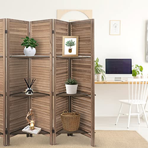 6 Panel Room Divider with Shelves | Freestanding Wooden Louvered Privacy Screen, Built‑in Display Shelves, Foldable Hinges, Brown - color: Brown-6 Panel, size: 6 Panel