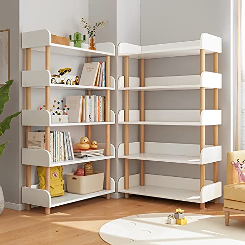 5-Tier Wooden Open Bookcase, Warm White | Modern Display Bookshelf with Top Edge, Solid Wood Frame, Home and Office Storage - color: Warm White, size: 5-tier