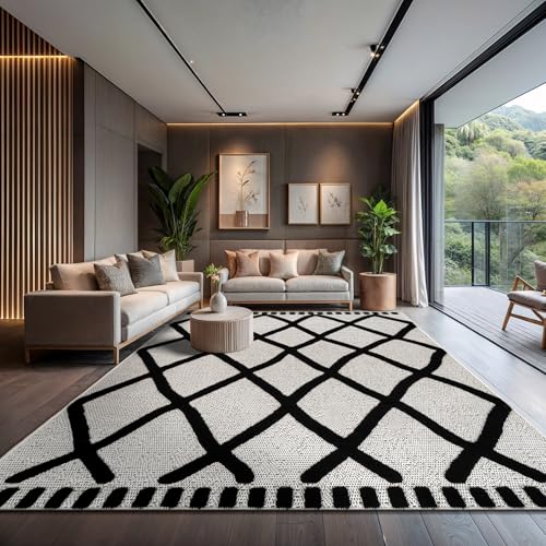 Modern Rug 9x12 Luxury Diamond Pattern Large Micro Loop Area Rugs Soft High-Low Pile Stain Resistant Easy to Clean Non-Shedding Durable Living Room Bedroom Indoor Carpet (Black/White) - color: Bold / Black, size: 9' x 12' (Rectangular)