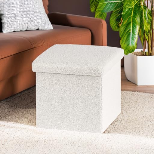 B FSOBEIIALEO Small Storage Ottoman Cube Sherpa Ottomans Foot Rest, Foldable Boucle Ottoman, Faux Teddy Fur, Cream White 15"x15"x15" - color: White, size: 15"D x 15"W x 15"H
