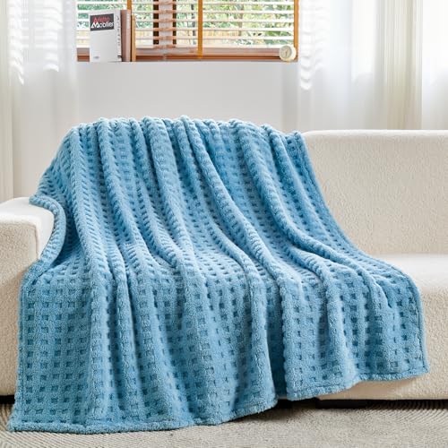 NEWCOSPLAY 3D Waffle Checkered Flannel Twin Blanket, Blue, 60"x80" | Super Soft Cute Lightweight Decorative Premium Silky Fleece Blanket for Couch Sofa Bed, Gift for Women Men, All Season Use - color: Blue, size: Twin(60"x80")