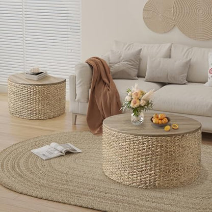 Nesting Coffee Table Set of 2, Rustic Crate and Barrel Coffee Table, Hand-Woven Woven Nesting Tables with Soild Wood Cover for Living Room, Bedroom - color: Beige White（under Cool Light）