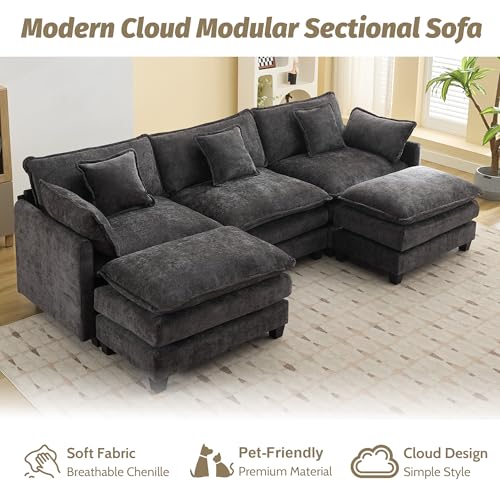 111'' Sectional Cloud Deep Seat Couch, Oversized Chenille U Shaped Sectional Sofa for Living Room Set, Comfy Upholstered Modular 5-Seats Sectional Sofa Couch with 2 Movable Ottoman, Dark Grey - color: Dark Grey, size: 111'' U Shape