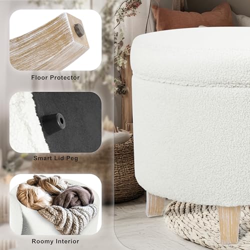 HomePop 19" Faux Sheepskin Round Storage Ottoman - Light Cream - color: Light Cream
