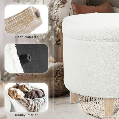 HomePop 19" Faux Sheepskin Round Storage Ottoman - Light Cream - color: Light Cream
