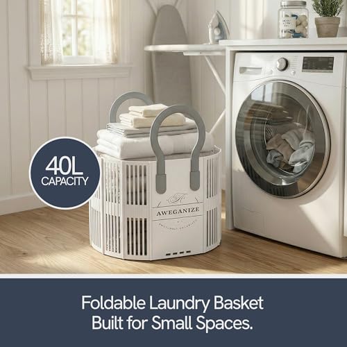 Collapsible Laundry Basket with Handles, 40L Foldable Clothes Hamper Folds 3cm Flat, Space Saving for Apartment, Dorm, RV, Small Spaces, Portable Grocery Tote - color: White