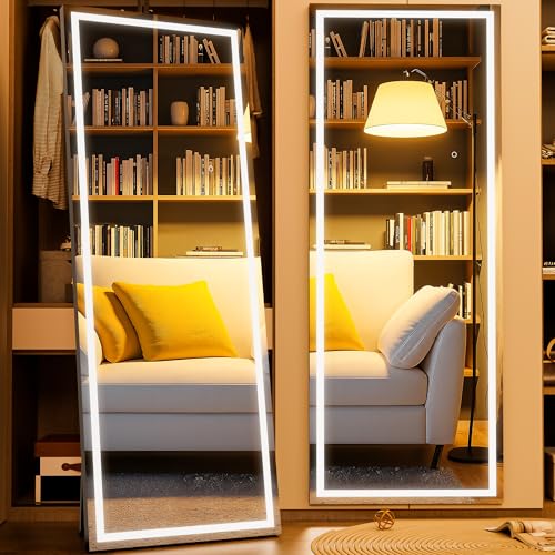 71" x 24" Full Length Mirror with Lights, LED Lighted Floor Standing Body Mirror, Dimmable & 3 Color Lighting for Bedroom, Cloakroom, Dressing Room, Tempered Glass, Black Frame - color: Black, size: 71"L x 24"W