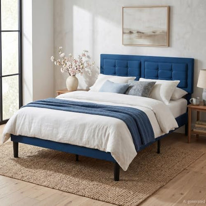 VECELO Queen Size Bed Frame, Adjustable Upholstered Button Tufted Headboard, Heavy-Duty Bedframe with Wood Slats Support, No Box Spring Needed, Aegean Blue - color: Aegean Blue, size: Queen, style: Bed Frame