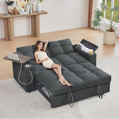 66" Multi-Functional Pull-Out Sofa Bed with Hidden Side Table, Storage Armrests, Built-in Charging Port, Spring Mattress, Solid Wood Frame – Ideal for Small Spaces, Easy Assembly - color: Black-d-l
