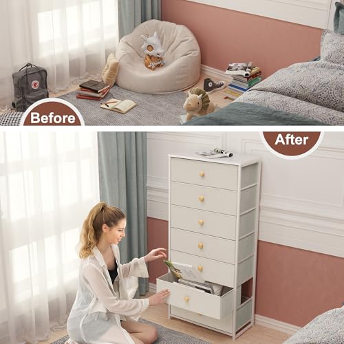 Fabric Dresser for Bedroom, Wide 7-Drawer Tall Vertical Tower (Beige) | Wooden Top, Steel Frame, Easy Pull Bin,Organizer Unit for Living Room, Hallway, Entryway, Nursery, Closets - color: Beige, style: Wide-7 Drawers