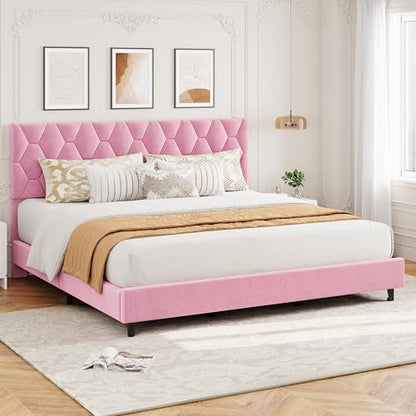 GAOMON Bed Frame with Upholstered Headboard, Heavy-Duty Platform Bed Frame with Strong Wood Slats, No Box Spring Needed/Noise Free/Easy Assembly,King,Pink | Heavy-Duty Bed Frame with Wooden Slats Support Upholstered Mattress Foundation No Box Spring Neede