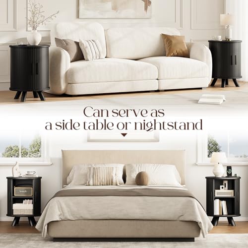 Round End Table with Storage - Fluted Side Table with Charging Station, Wood Nightstand with Sliding Tambour Door for Bedroom, Accent End Tables Living Room, Modern Bedside Table, Black
