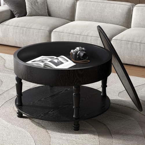 Round Wood Coffee Table for Living Room, Rustic Farmhouse Circle Coffee Tables with Storage 2-Tier Solid Wood Coffee Table for Apartment Office 31.5''Black - color: 2tier-black Rustic, size: 31.5''Round