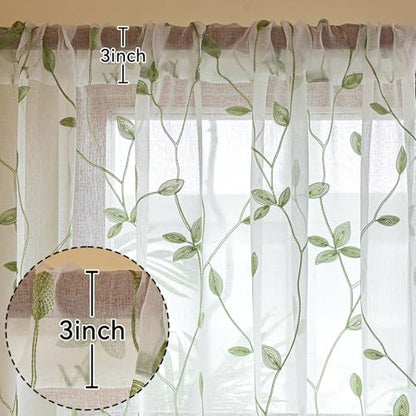 2 Panels Embroidered Leaf Pattern Semi Sheer Curtains Foliage Floral Voile Window Draperies Treatment for Bedroom Living Room Rod Pocket White Light Green 53 x 95 Inch