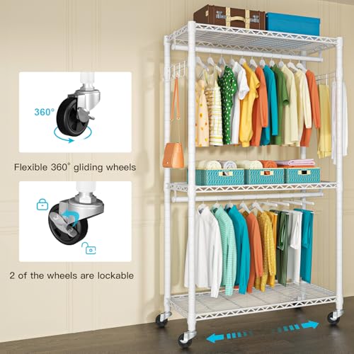 P1 Heavy Duty Garment Rack, 3 Tiers Adjustable Rolling Metal Closet | White Clothing Organizer with Lockable Wheels, Free-Standing Wardrobe with Double Hanger Rods and Hooks, Max Load 450lbs - color: White, size: P1