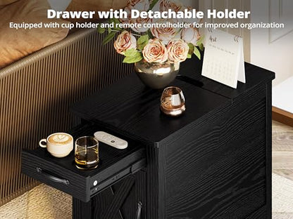 IRONCK End Table with Charging Station, Narrow Side Table, Black | Bedside table. Farmhouse nightstand with drawer, cabinet, flip-top, and cup holder, wood grain, for home - color: Black