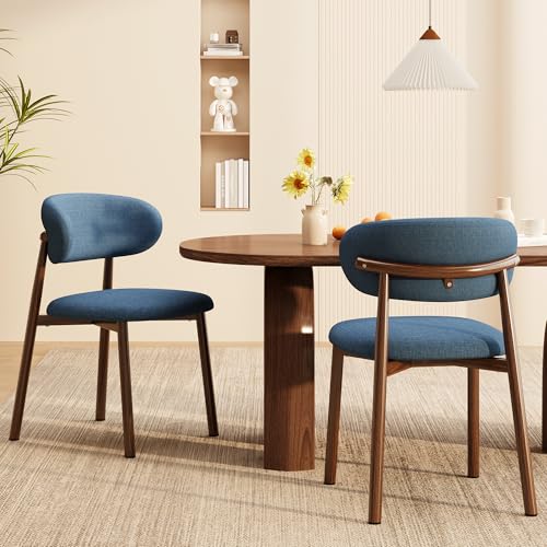 Kitchen Dining Chairs Set of 2 Modern Soft Linen Farmhouse Dining Room Chair with Metal Leg, Blue/Walnut - color: 18 Inch Blue/Walnut Linen