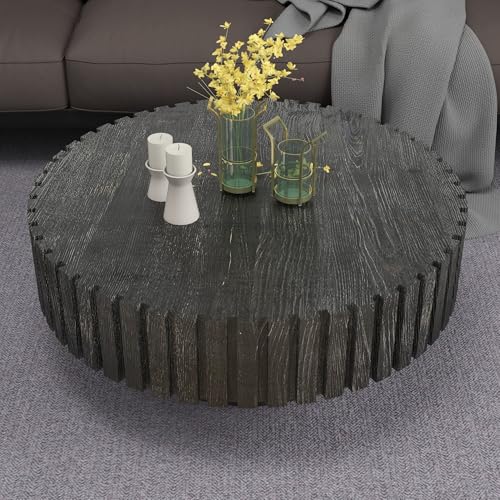 Round Wood Coffee Table for Living Room Modern Rustic Fluted Solid Wood Coffee Table Pedestal Center Table Circle Tea Tables for Apartment Easy Assembly(31.5''Antique Black) - color: Antique Black, size: 31.5''Round