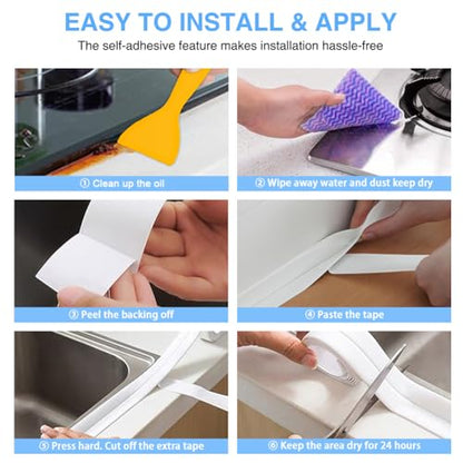 2 Rolls Caulk Tape Self Adhesive, Bathroom Waterproof White Caulking Sealant Strip Peel & Stick Wallpaper Floor Tile Toilet Tub Sink Backsplash Kitchen Wall Decor, Easier to Use Than Silicone Caulk - style: White