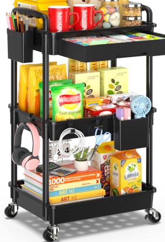 SUNALLY 3 Tier Rolling Cart with Drawer, Craft Storage Cart Organizer,Black | Bathroom Storage Organizer with 2 Lockable Wheels, Rolling Utility Cart for Kitchen, Office, Baby, Makeup, Nail,Snack,Laundry - color: Black, size: 3 Tier