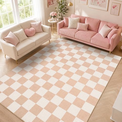 GarveeHome Checkered Blush Beige 5x7 Washable Rug Low-Pile Bedroom Nursery | Non-Slip Blush Beige Soft Stain Resistant Rug for Bedroom Bathroom Living Room Geometric Modern Rug TPE Backing - color: Blush Beige, size: 5' x 7' (Rectangular)