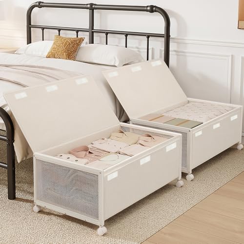 Fokyfok 2Pack Under Bed Storage Containers,12 inch Height,31 inch Long | Under Bed Shoe Storage,Underbed Storage with Wheels,Large Rolling under bed Clothes Storage Drawers,Lid,Dorm Tall,Ivory - color: Ivory, size: 2PC (31"Lx17"Wx12"H)